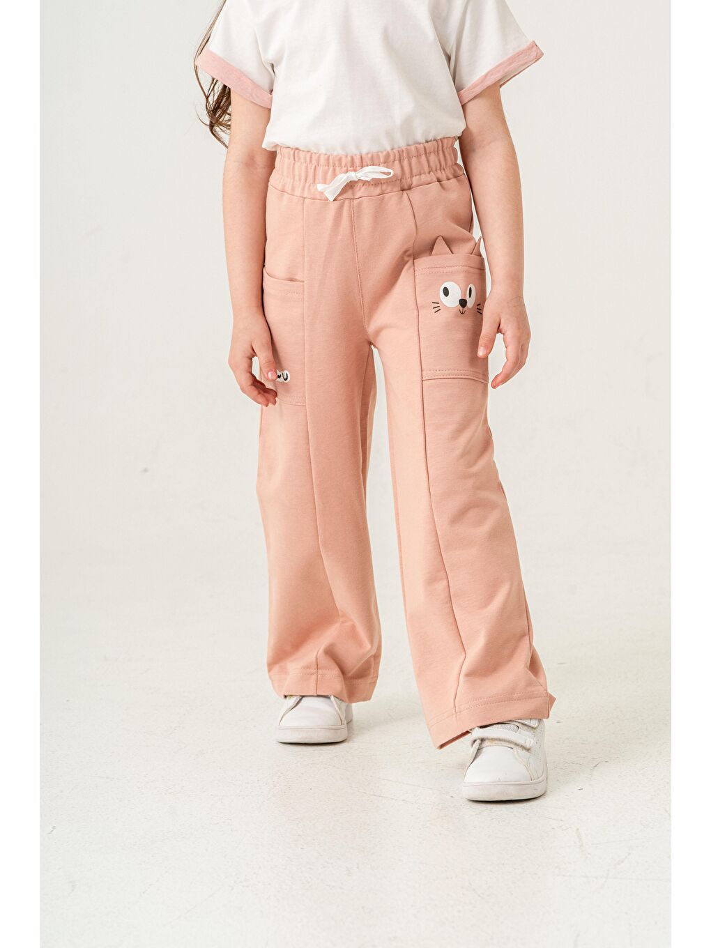 Bej Çift Cepli Cep Baskılı Kız Çocuk Eşofman Altı-2