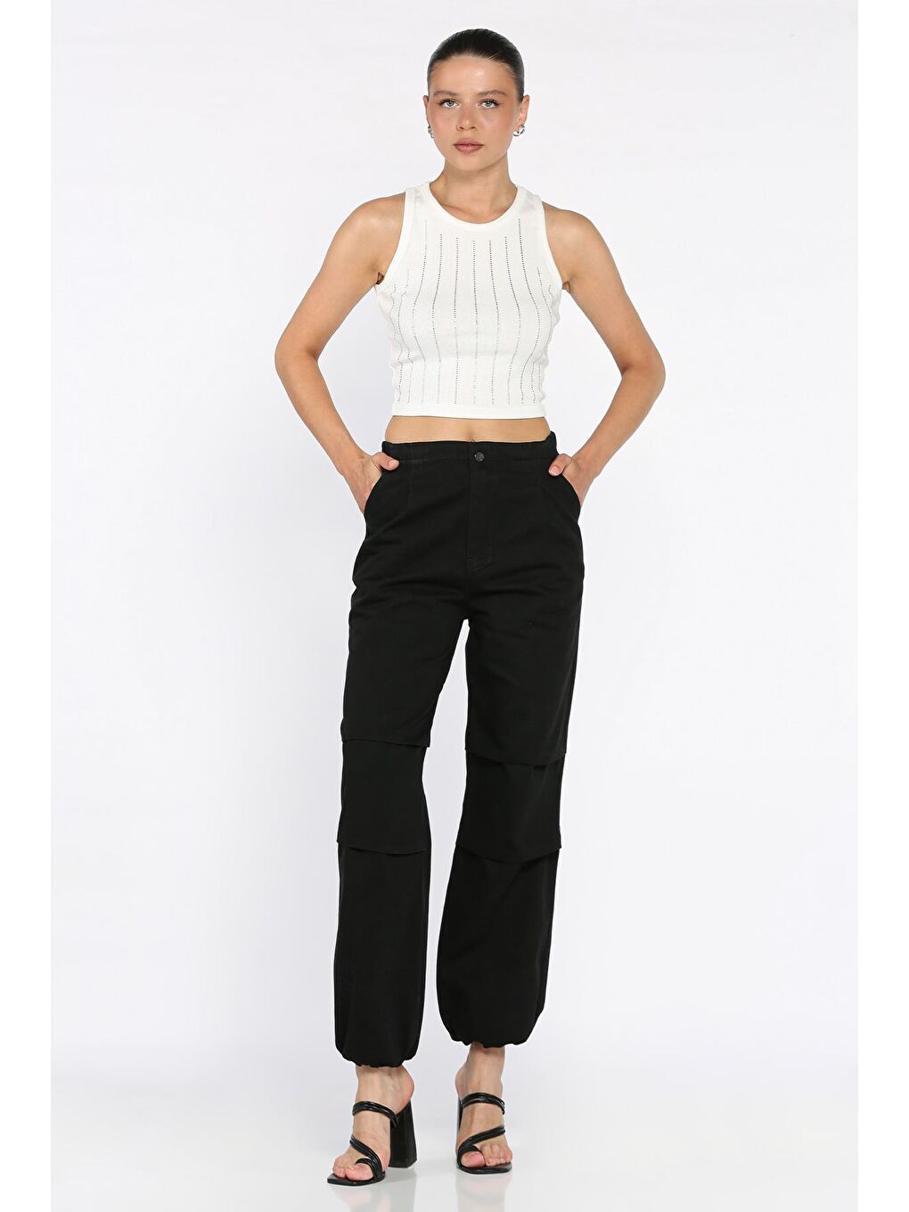 Siyah Kadın Bel Ve Paça Lastikli Yüksek Bel Jean Jean Pantolon-1