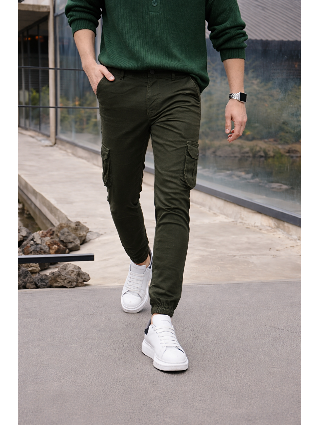 Erkek Trend Dar Kargo Cep Lastikli Paça Haki Pantolon-2