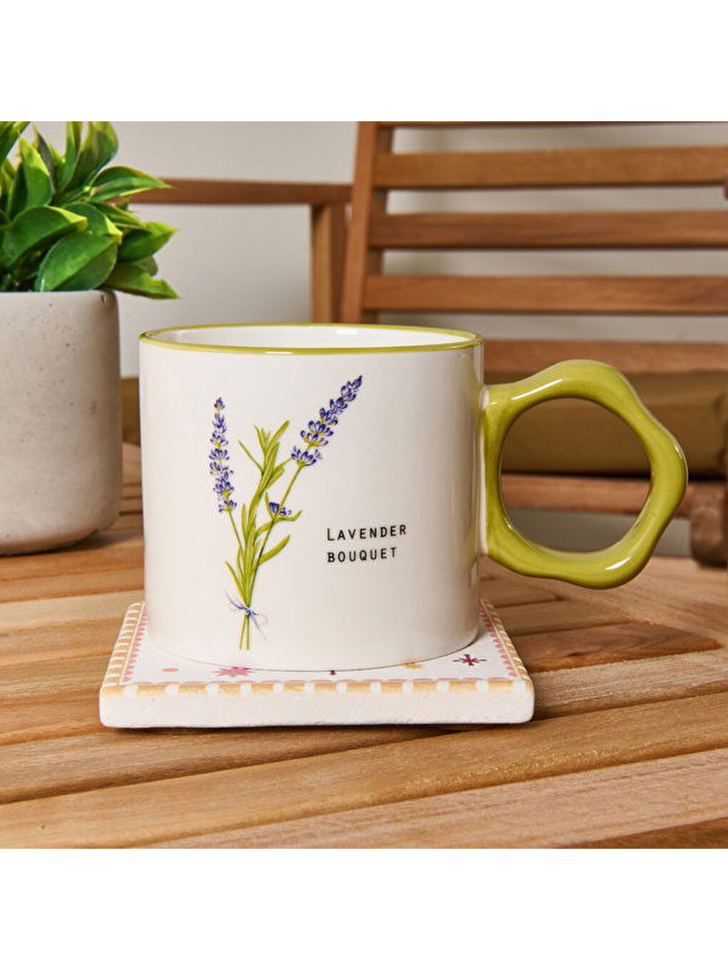 Kitchen Çiçek Desenli Kupa - Beyaz / Yeşil - 310 ml