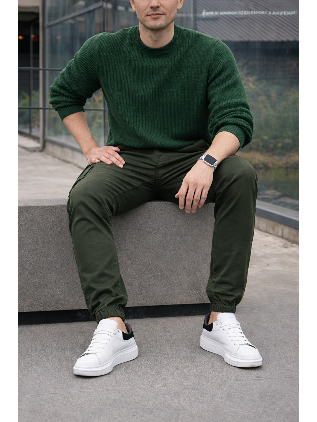 Erkek Trend Dar Kargo Cep Lastikli Paça Haki Pantolon-3