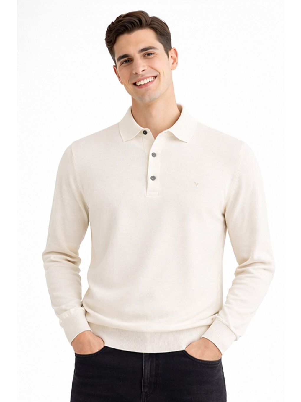 Ekru Polo Yaka Patli Düğmelİ Trİko-3