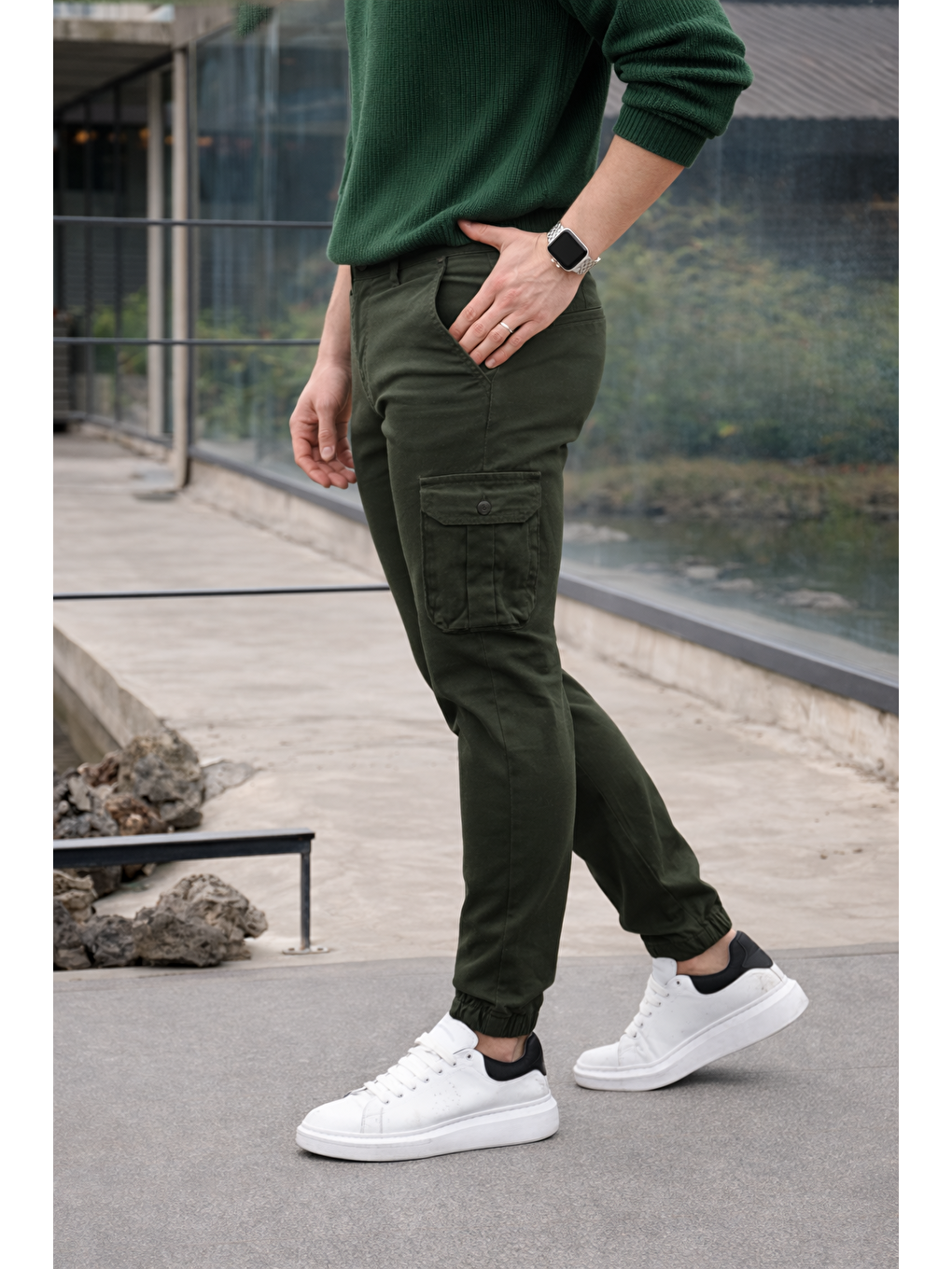 Erkek Trend Dar Kargo Cep Lastikli Paça Haki Pantolon-4