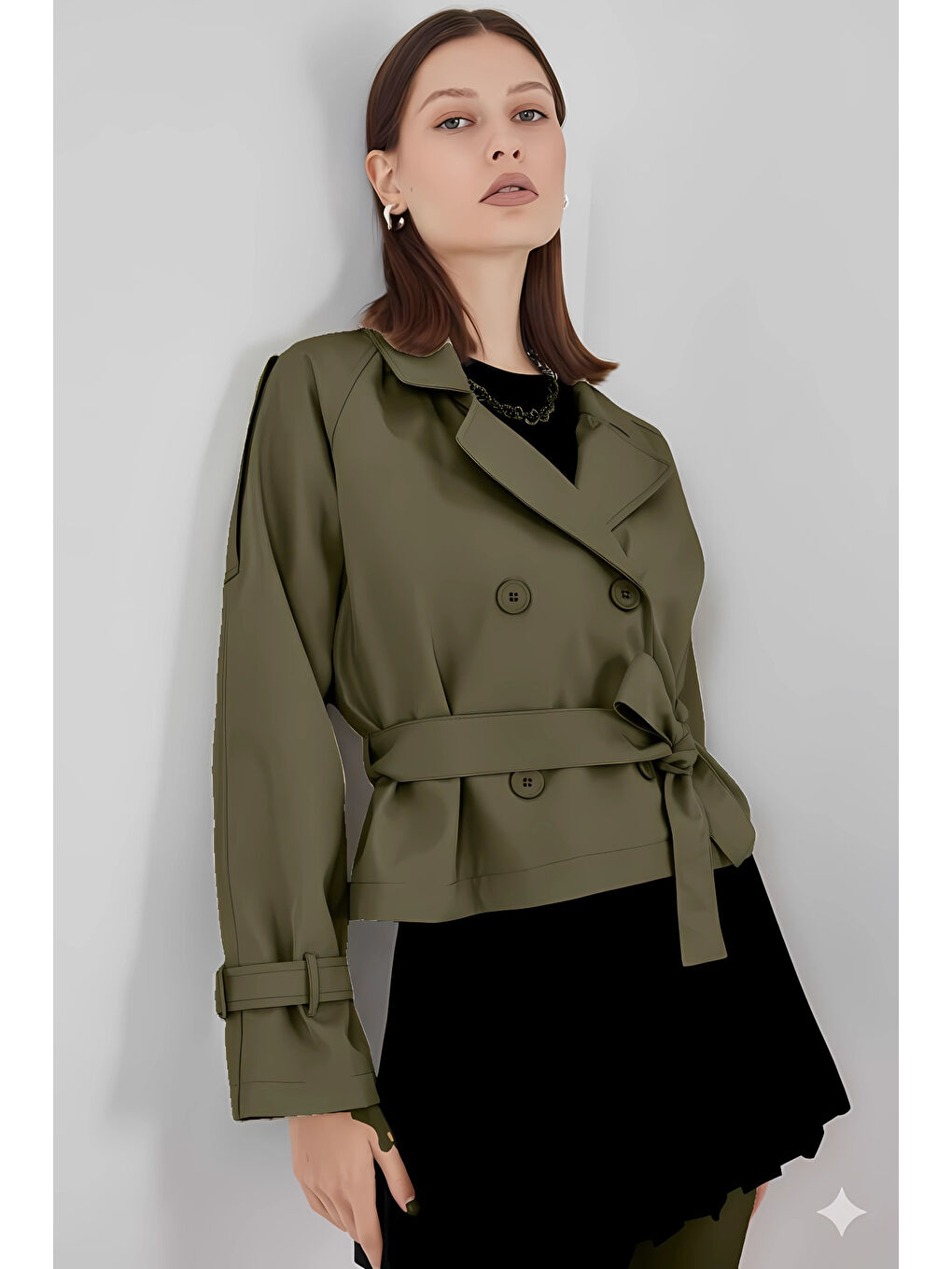 Kadın Haki Kruvaze Yaka Kuşaklı Astarlı Kısa Trençkot HZL25W-BD159701-2