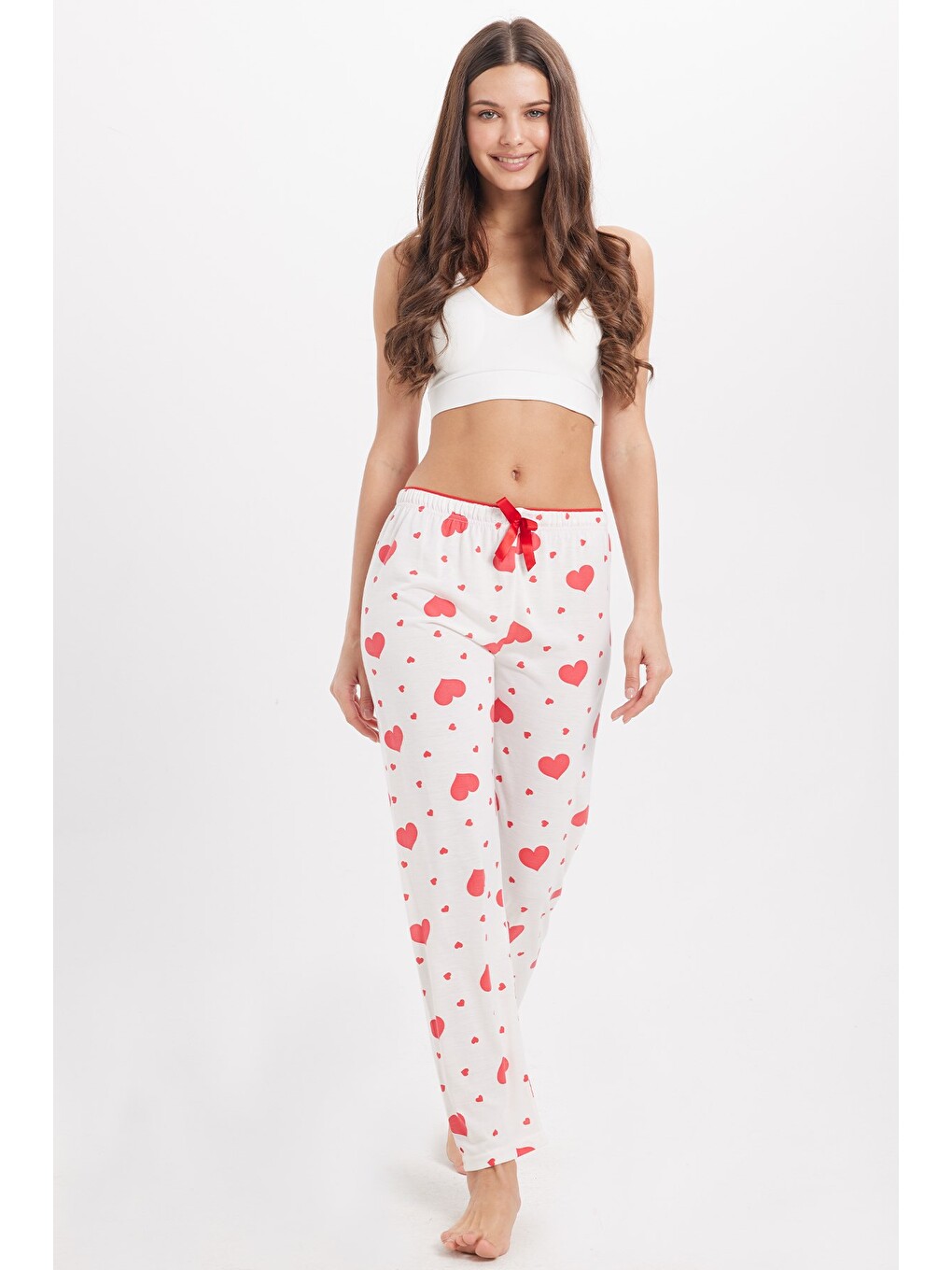Kadın Regular Fit Klasik Kesim Viskon Beli Lastikli Fiyonk Detaylı Baskılı Beyaz Pijama Altı