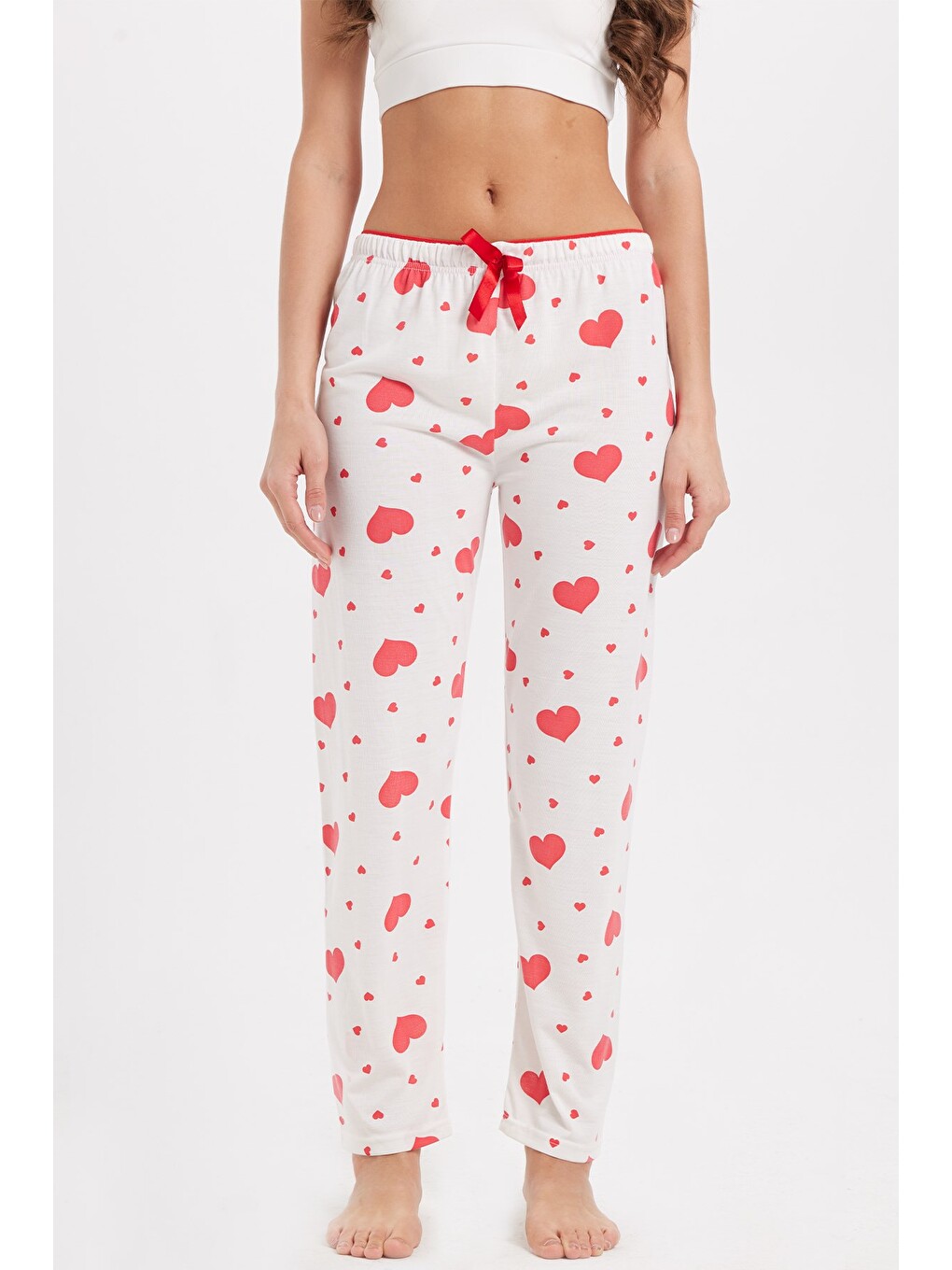 Kadın Regular Fit Klasik Kesim Viskon Beli Lastikli Fiyonk Detaylı Baskılı Beyaz Pijama Altı-1