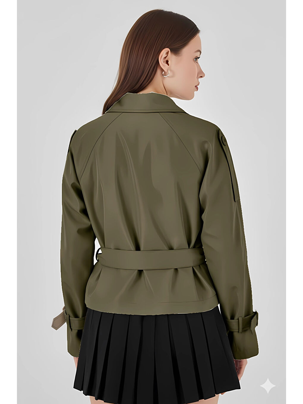 Kadın Haki Kruvaze Yaka Kuşaklı Astarlı Kısa Trençkot HZL25W-BD159701-3