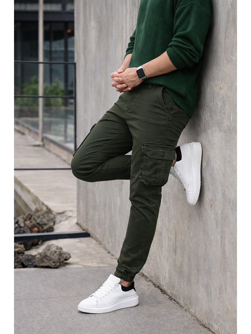 Erkek Trend Dar Kargo Cep Lastikli Paça Haki Pantolon-5