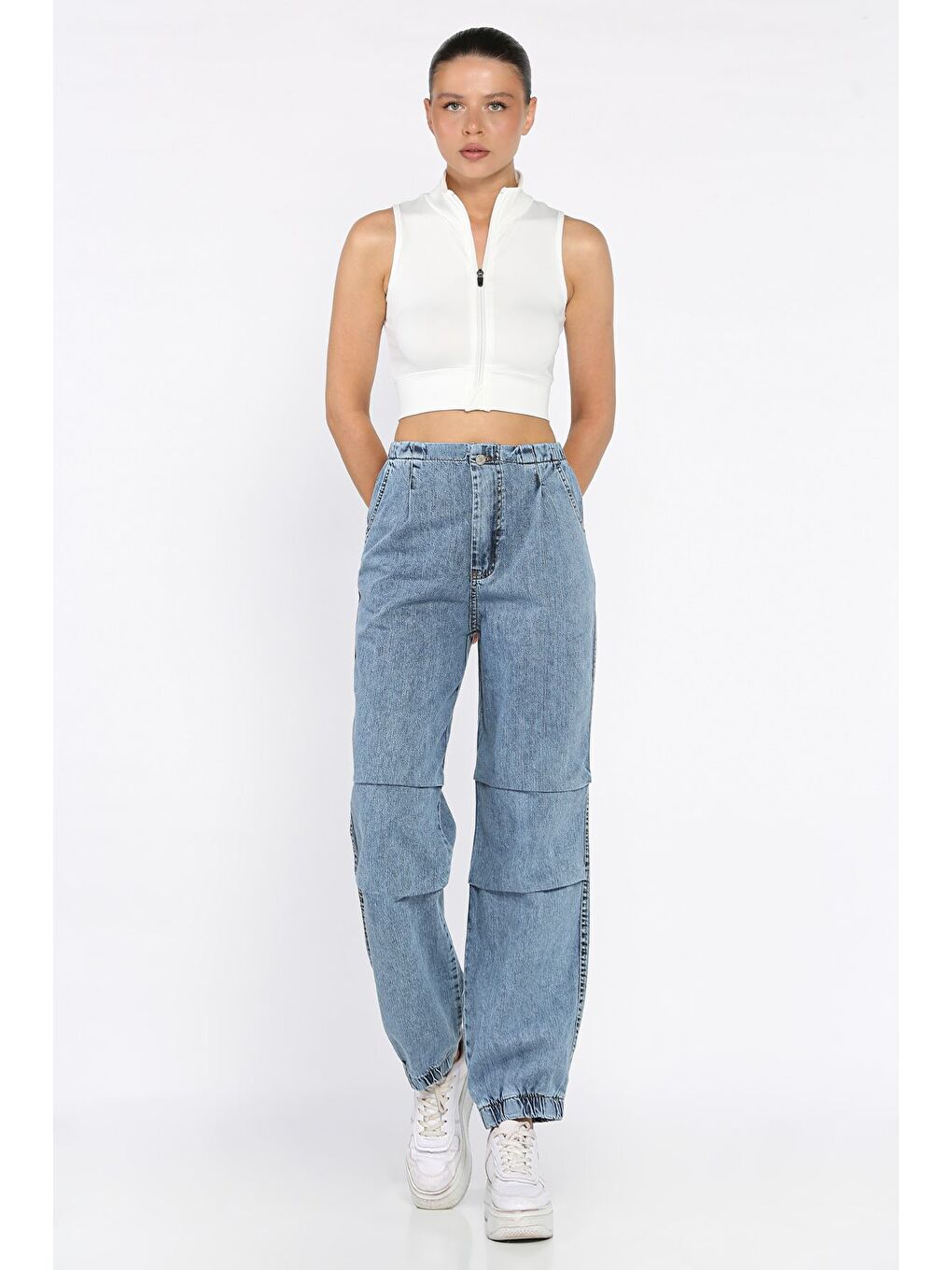 Mavi Kadın Bel Ve Paça Lastikli Yüksek Bel Jean Jean Pantolon