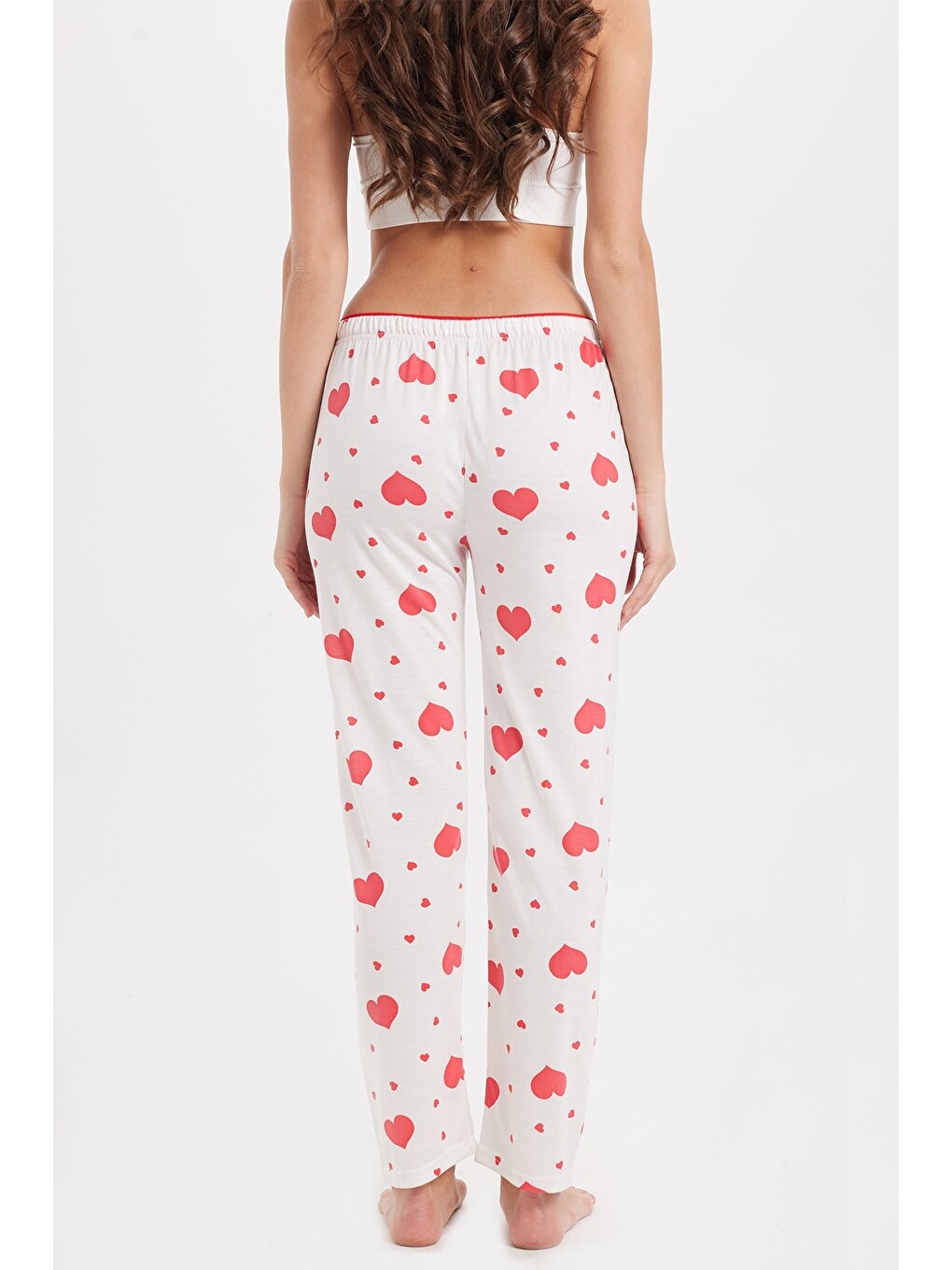 Kadın Regular Fit Klasik Kesim Viskon Beli Lastikli Fiyonk Detaylı Baskılı Beyaz Pijama Altı-6