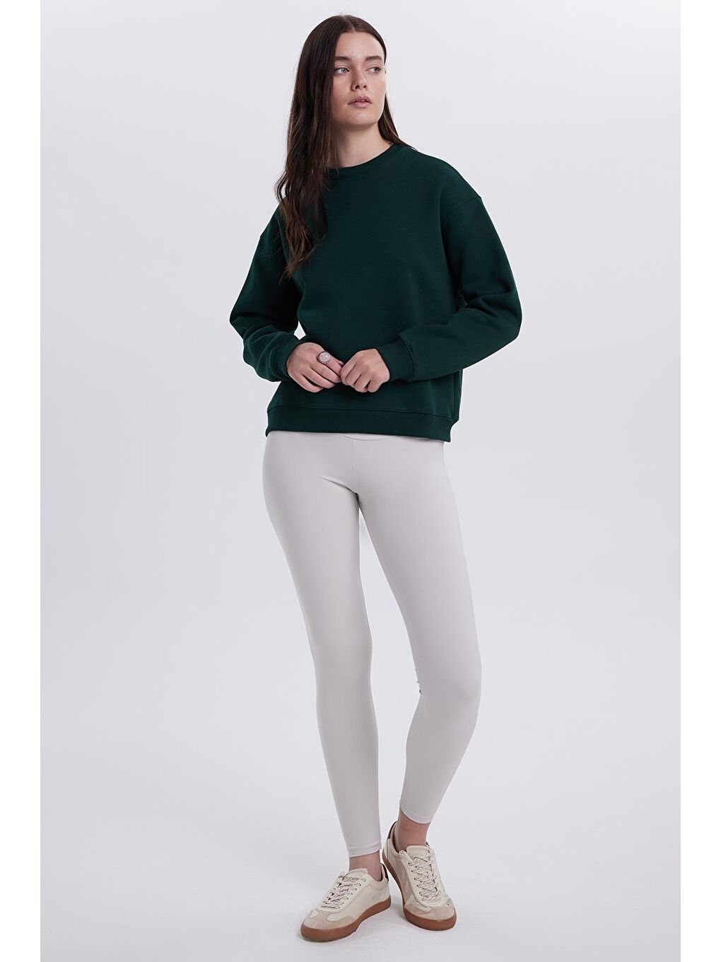 Kadın Oversize Geniş Kesim Pamuklu Bisiklet Yaka Yeşil Sweatshirt-4