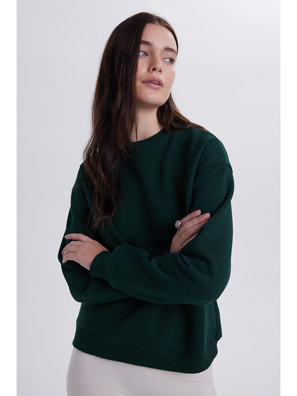Kadın Oversize Geniş Kesim Pamuklu Bisiklet Yaka Yeşil Sweatshirt-5