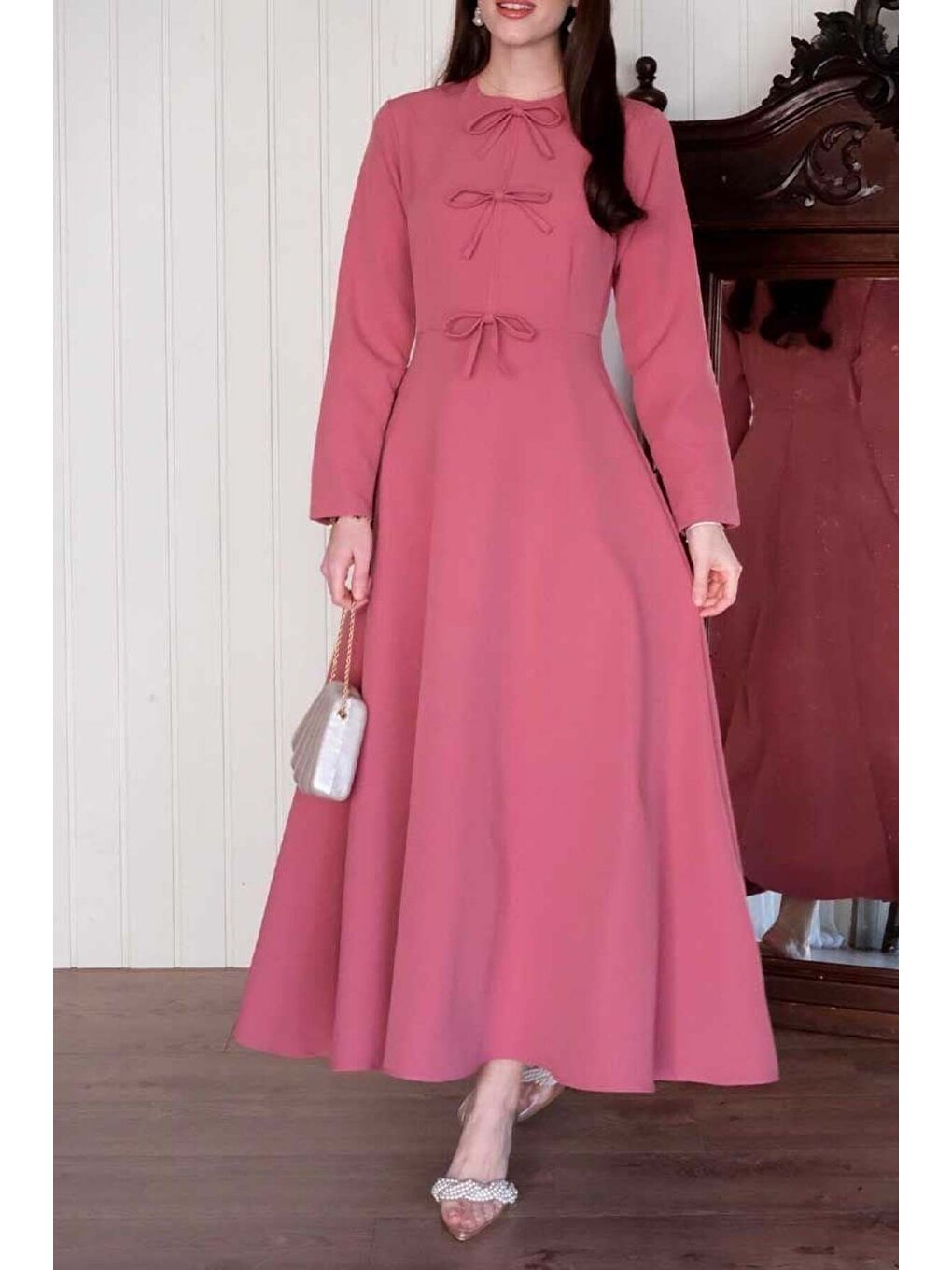 Pembe Fiyonk Detay Elbise-6