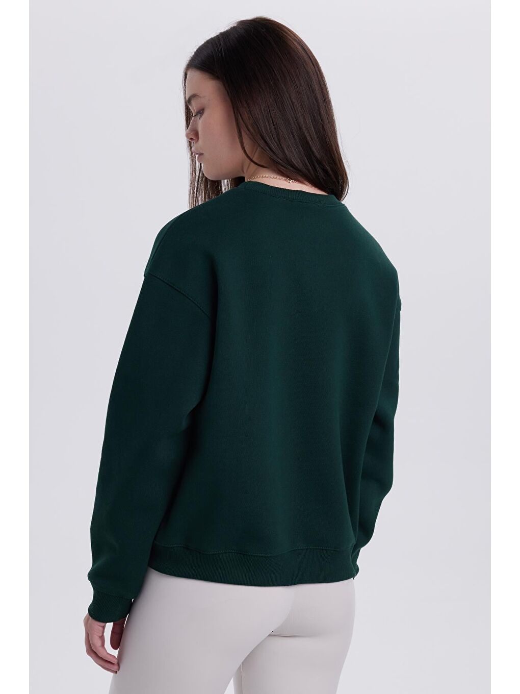 Kadın Oversize Geniş Kesim Pamuklu Bisiklet Yaka Yeşil Sweatshirt-7