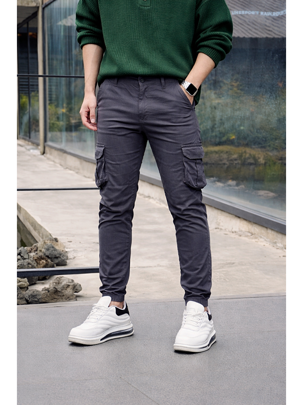 Erkek Trend Dar Kargo Cep Lastikli Paça Antrasit Pantolon