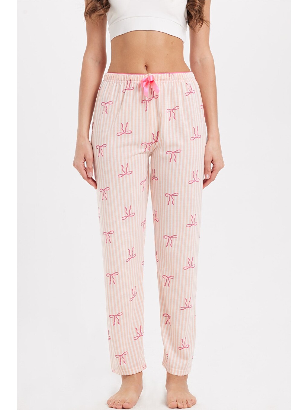 Kadın Regular Fit Klasik Kesim Viskon Beli Lastikli Fiyonk Detaylı Baskılı Turuncu Pijama Altı-1