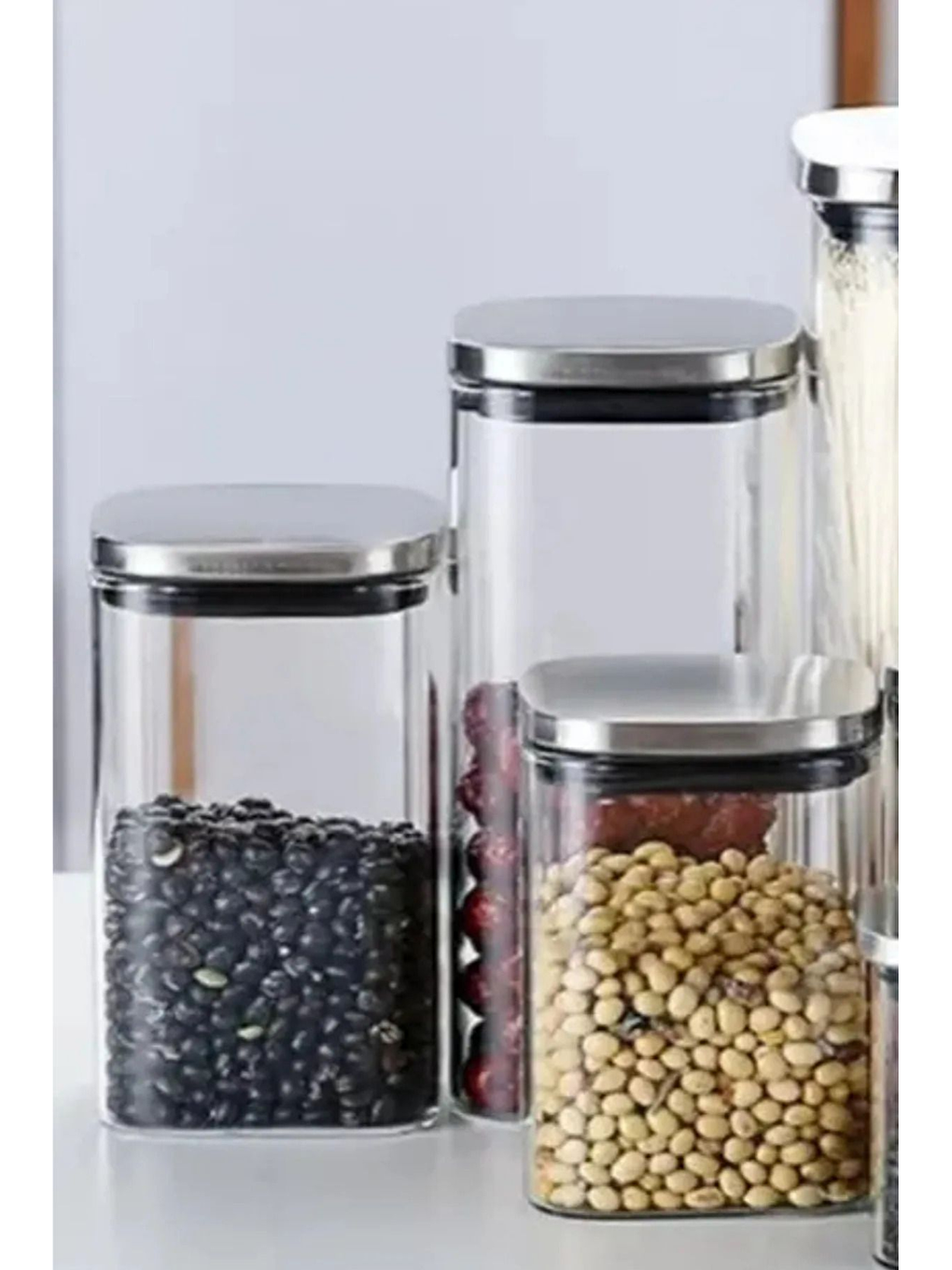 Renksiz Vakum Krom Kapaklı Kare Cam Kavanoz 350ml 300ml Saklama Kabı 6 Adet-3