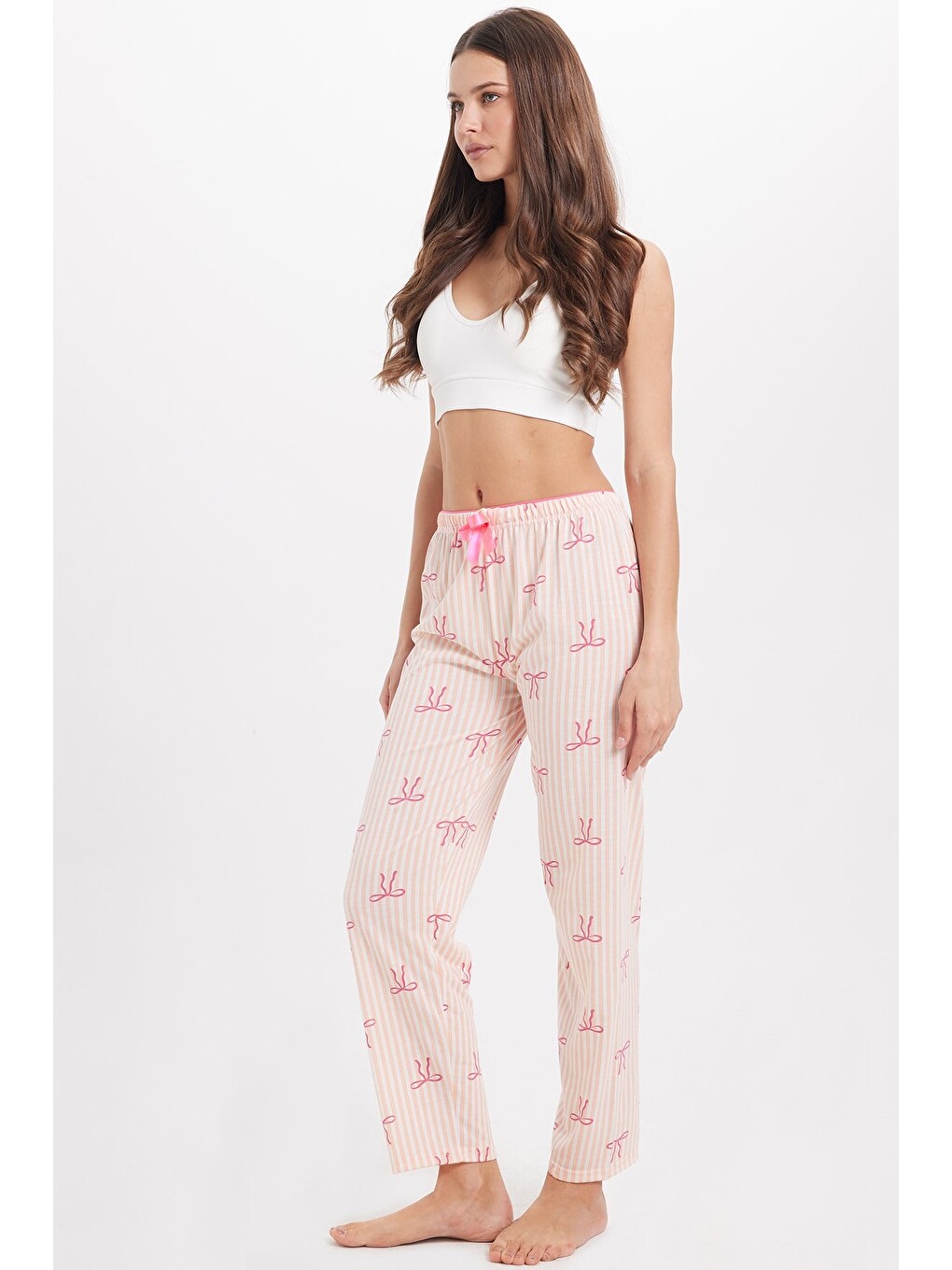 Kadın Regular Fit Klasik Kesim Viskon Beli Lastikli Fiyonk Detaylı Baskılı Turuncu Pijama Altı-3