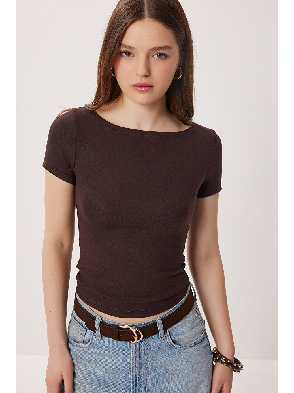 Kahverengi Kayık Yaka Basic Örme Bluz KAHVERENGİ LDZ0065