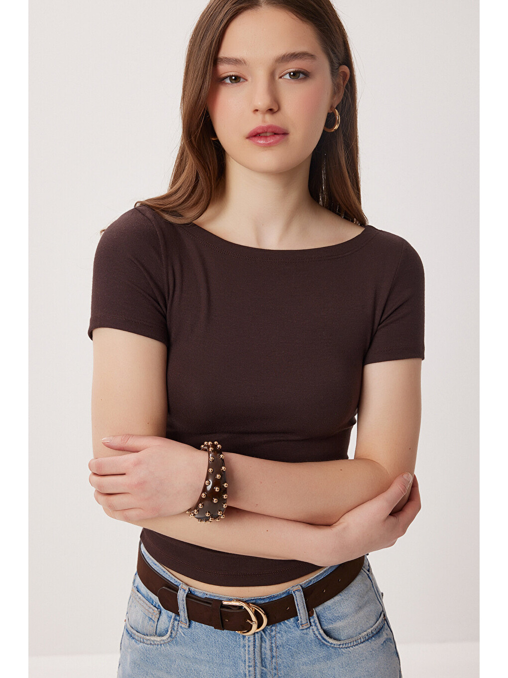 Kahverengi Kayık Yaka Basic Örme Bluz KAHVERENGİ LDZ0065-1