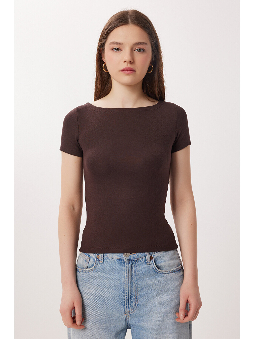 Kahverengi Kayık Yaka Basic Örme Bluz KAHVERENGİ LDZ0065-2