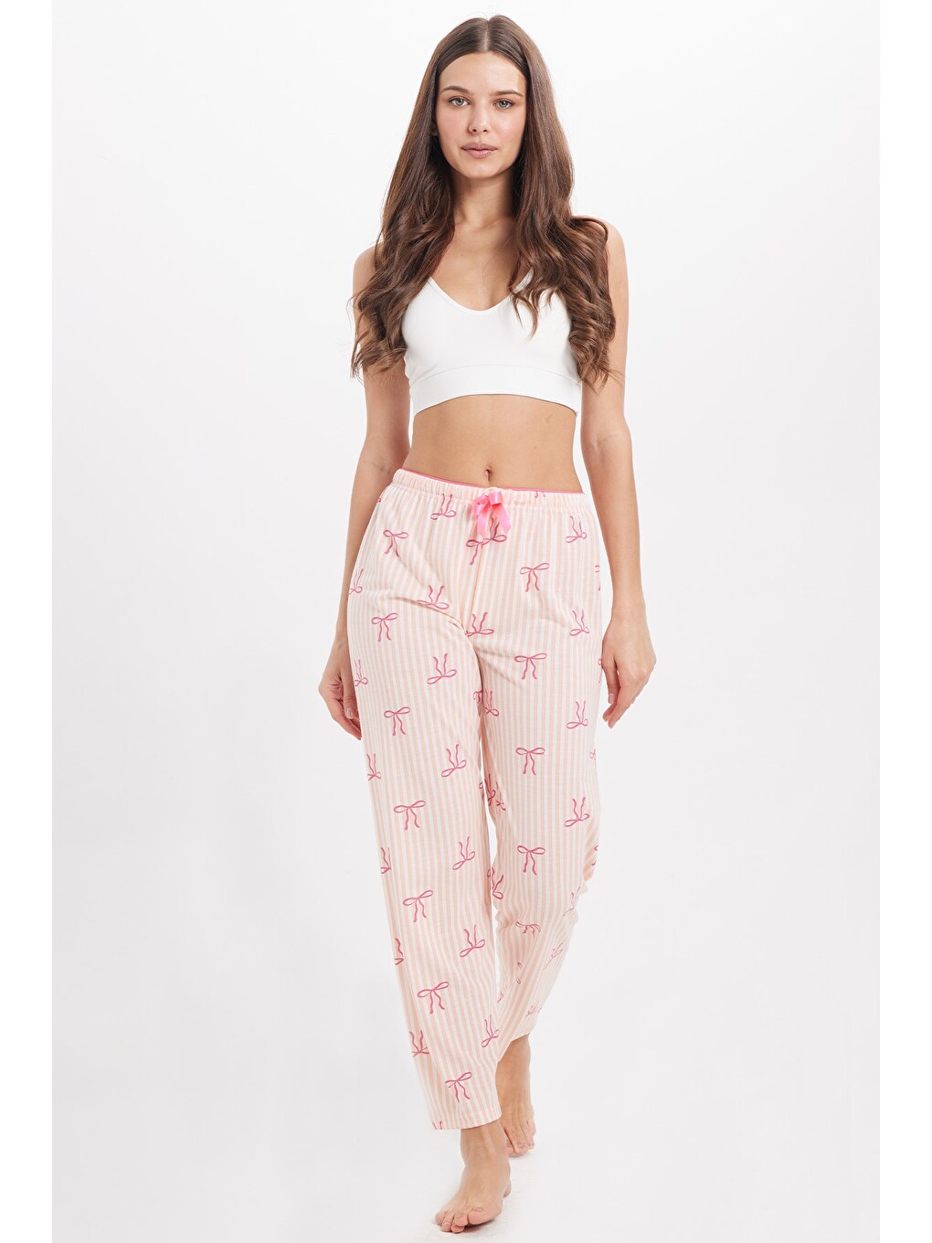 Kadın Regular Fit Klasik Kesim Viskon Beli Lastikli Fiyonk Detaylı Baskılı Turuncu Pijama Altı-7