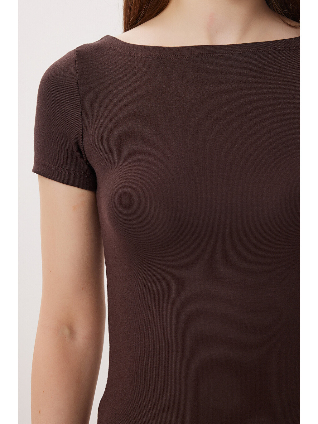 Kahverengi Kayık Yaka Basic Örme Bluz KAHVERENGİ LDZ0065-3