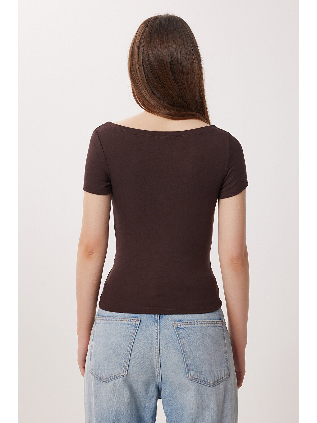 Kahverengi Kayık Yaka Basic Örme Bluz KAHVERENGİ LDZ0065-4