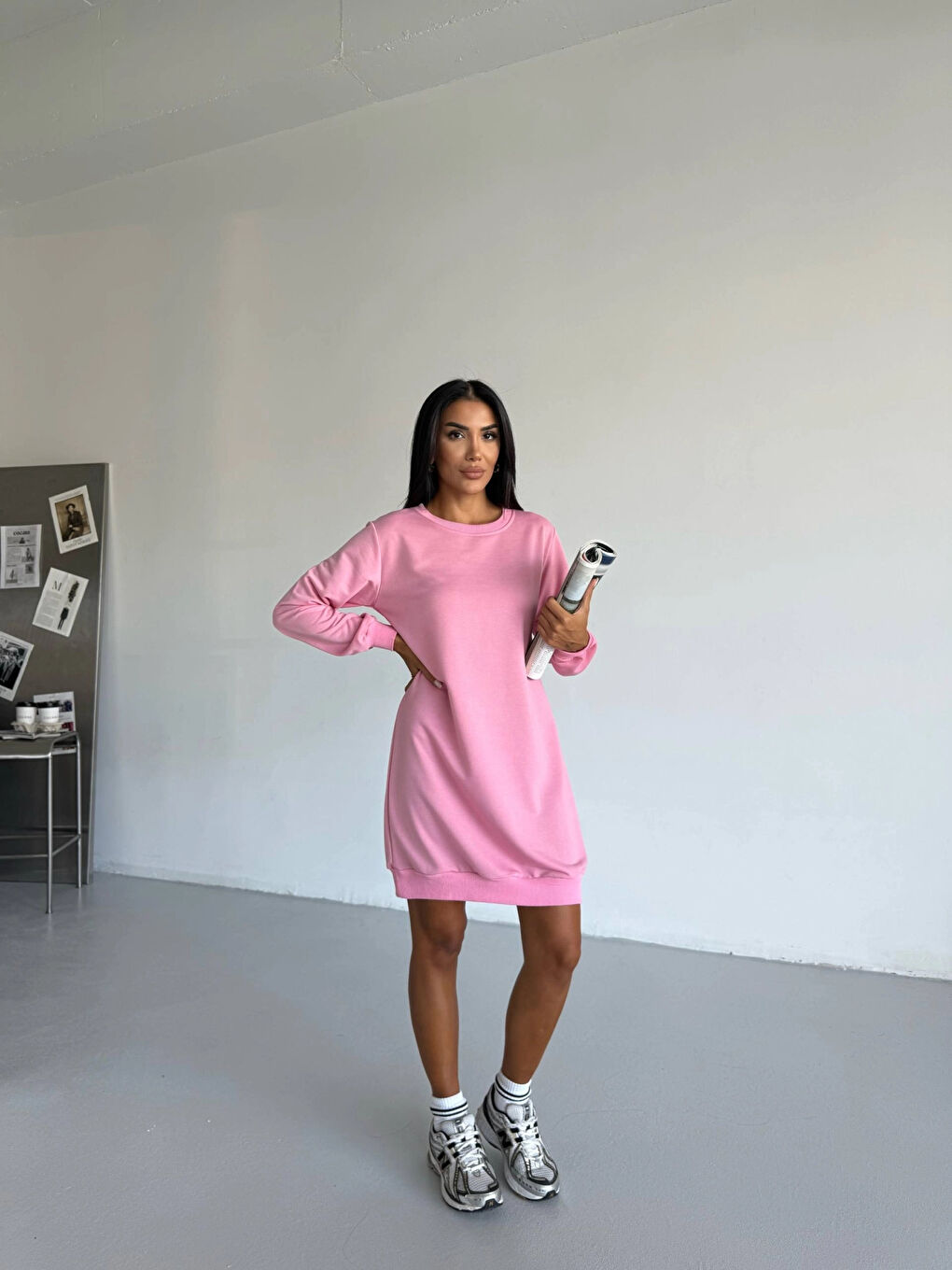 Kadın Pembe Bisiklet Yaka 2 iplik Günlük Rahat Elbise HZL25W-FRY123451-1