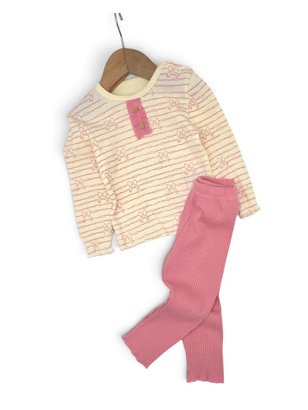 Pembe %100 Pamuk 0-3-6-9-12 Aylık Kız Bebek Fitilli Fiyonk Detaylı İnce Mevsimlik 2'li Alt Üst Bebek Takım