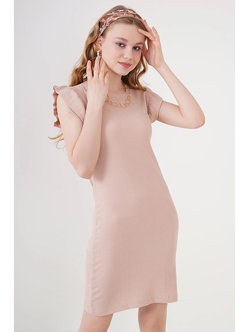 Kadın Bej Fırfır Kollu Bisiklet Yaka Örme Elbise HZL22S-BD123881