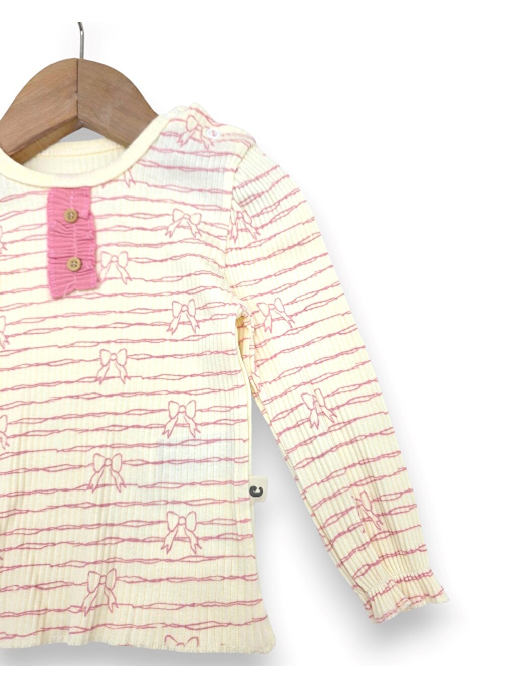 Pembe %100 Pamuk 0-3-6-9-12 Aylık Kız Bebek Fitilli Fiyonk Detaylı İnce Mevsimlik 2'li Alt Üst Bebek Takım-3