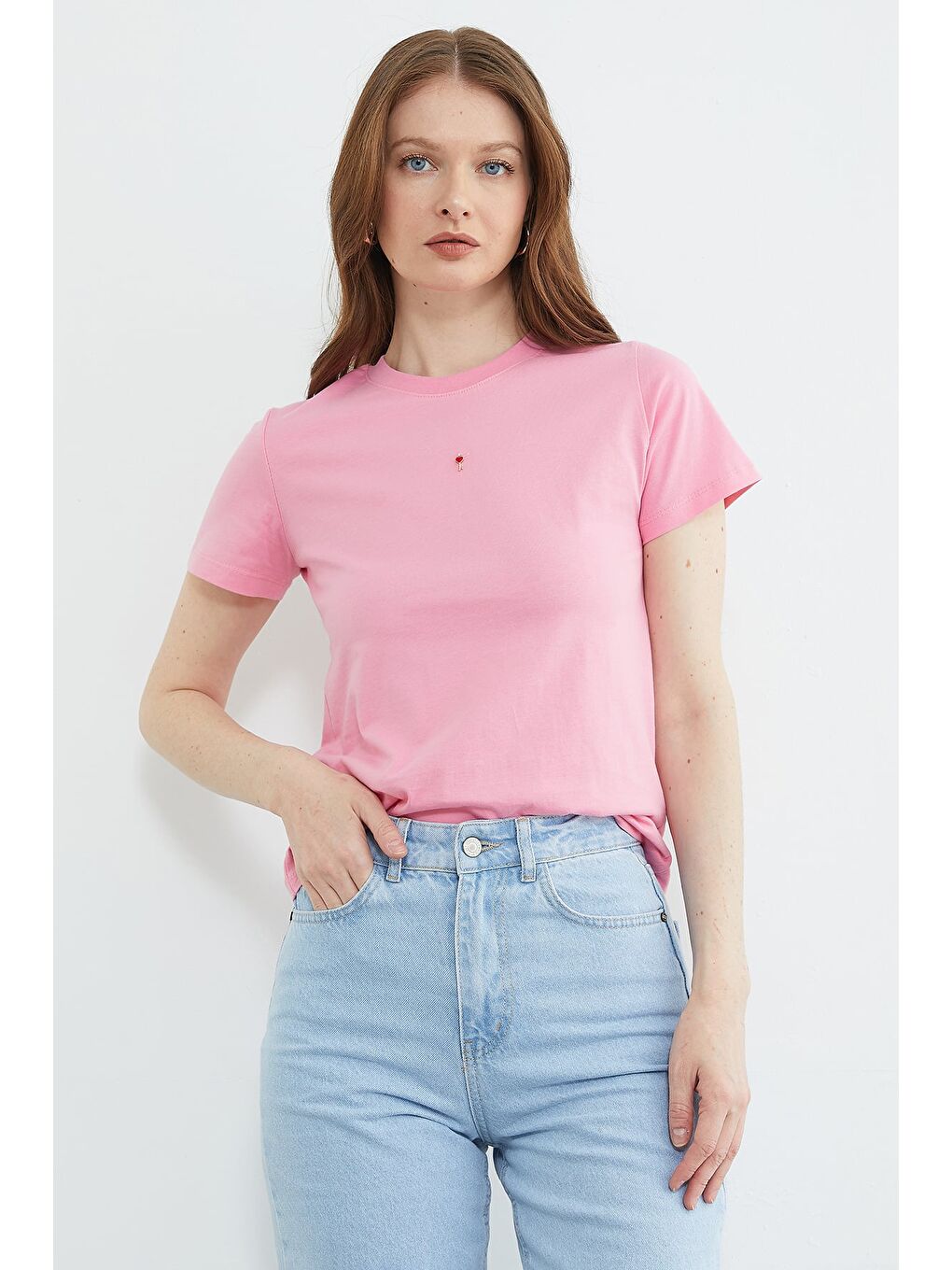 Pembe Anahtar Aksesuarlı Bisiklet Yaka Tişört-2