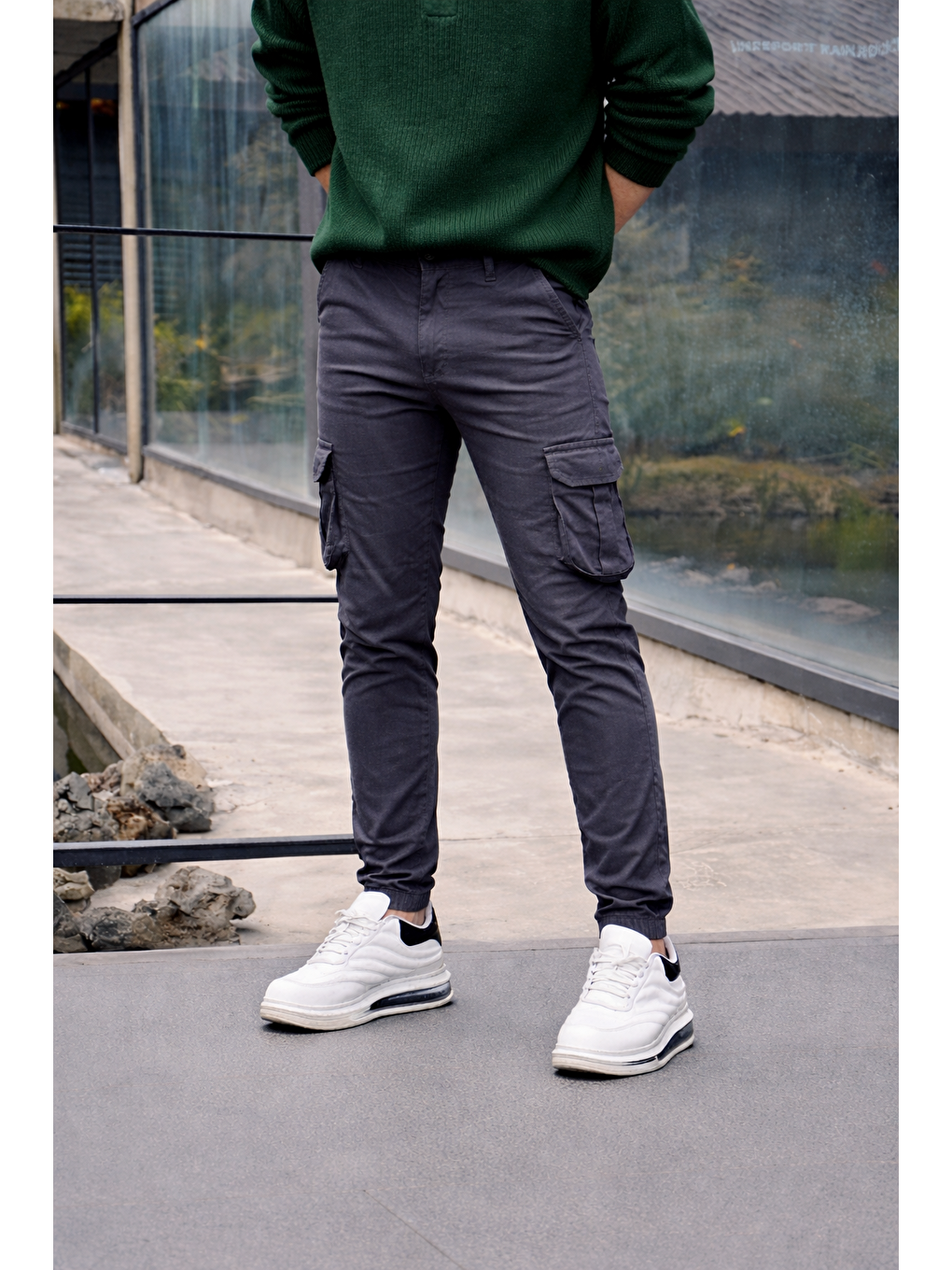 Erkek Trend Dar Kargo Cep Lastikli Paça Antrasit Pantolon-1