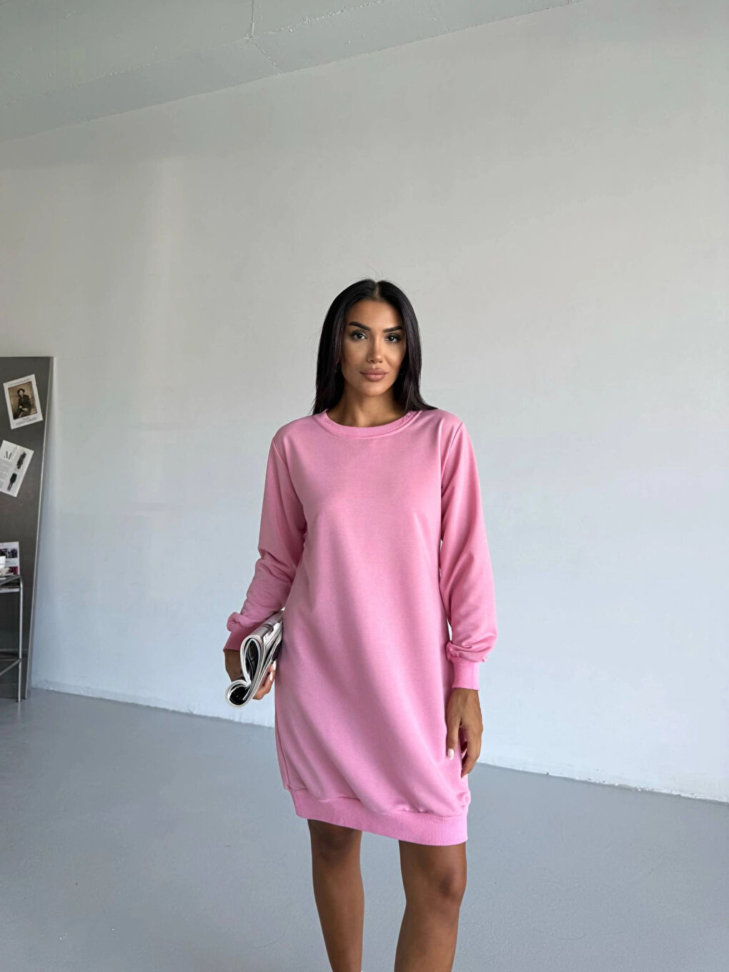 Kadın Pembe Bisiklet Yaka 2 iplik Günlük Rahat Elbise HZL25W-FRY123451-2