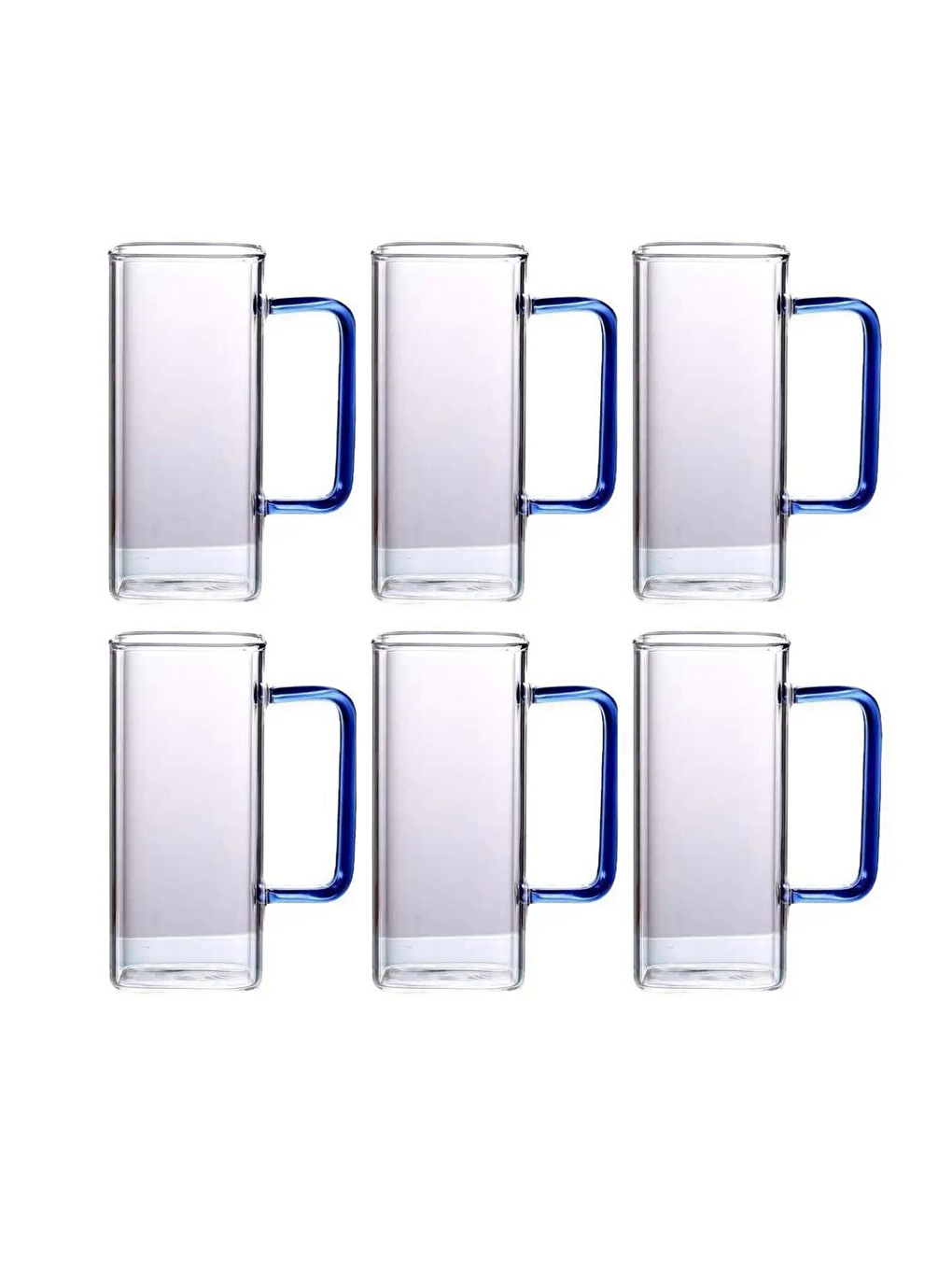 Renksiz Kare Cam Mavi Kulplu Bardak 350 ml 6 Adet