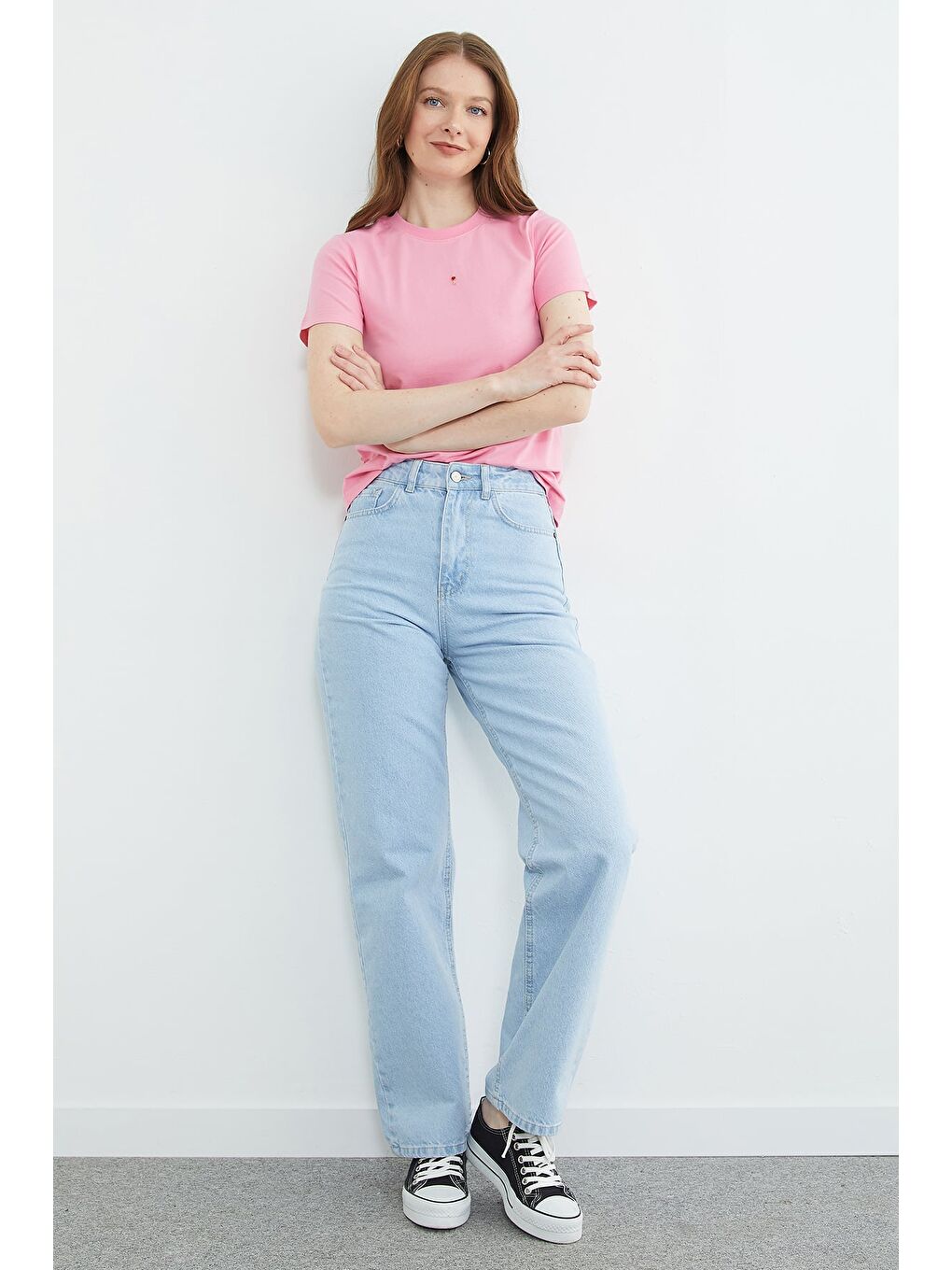 Pembe Anahtar Aksesuarlı Bisiklet Yaka Tişört-3