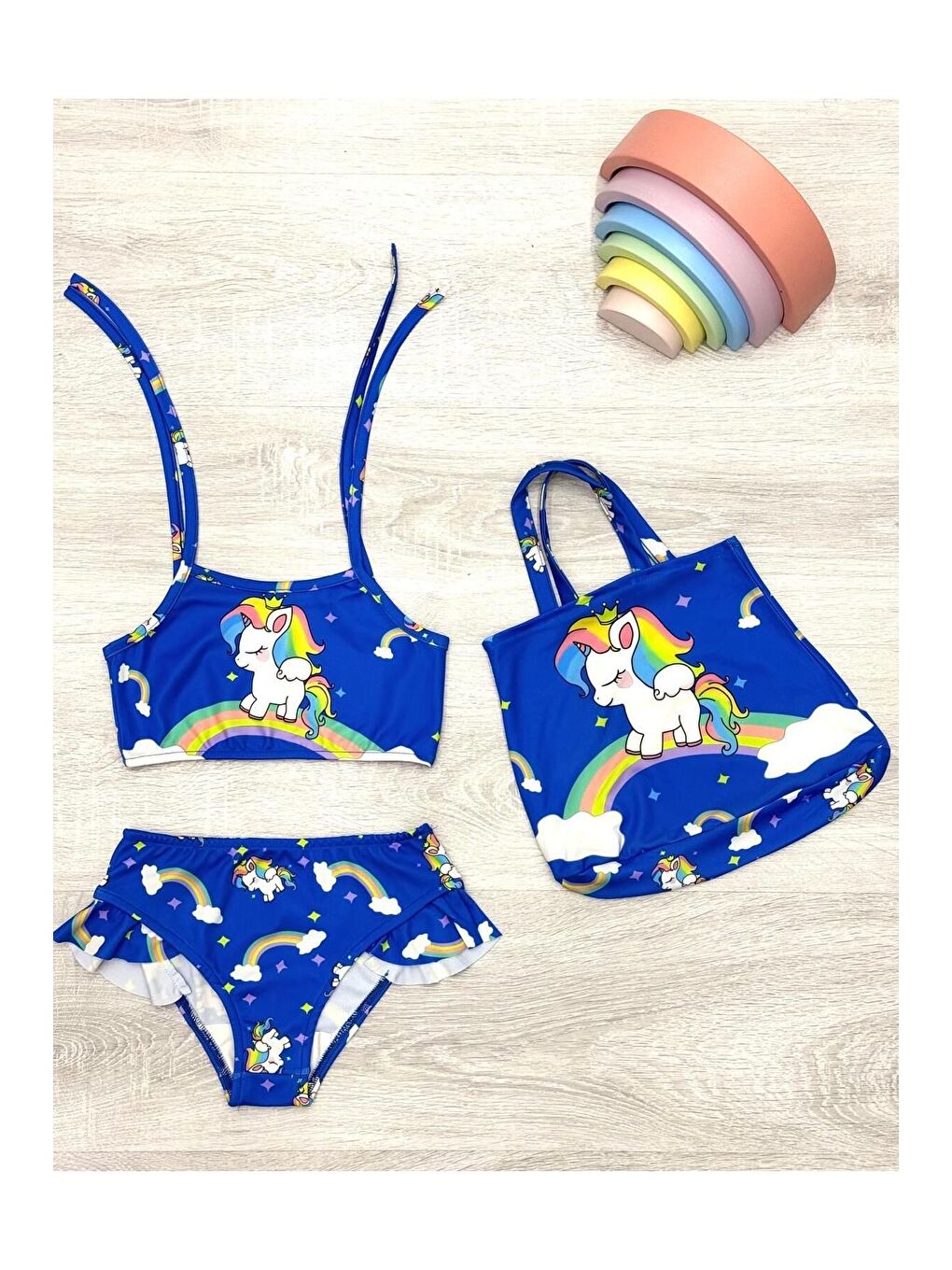 Lacivert Kız Çocuk Üstü Baskılı Fırfırlı Bikini Takım - Kız Çocuk Çantalı Fırfırlı Mayo