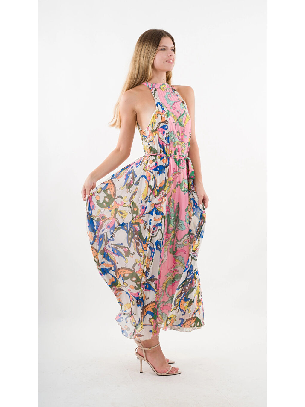 Siyah Kadın Çok Renkli Bloklu Yaprak Desenli Halter Yaka Kuşaklı Astarlı Uzun Elbise HZL24S-YY233-2