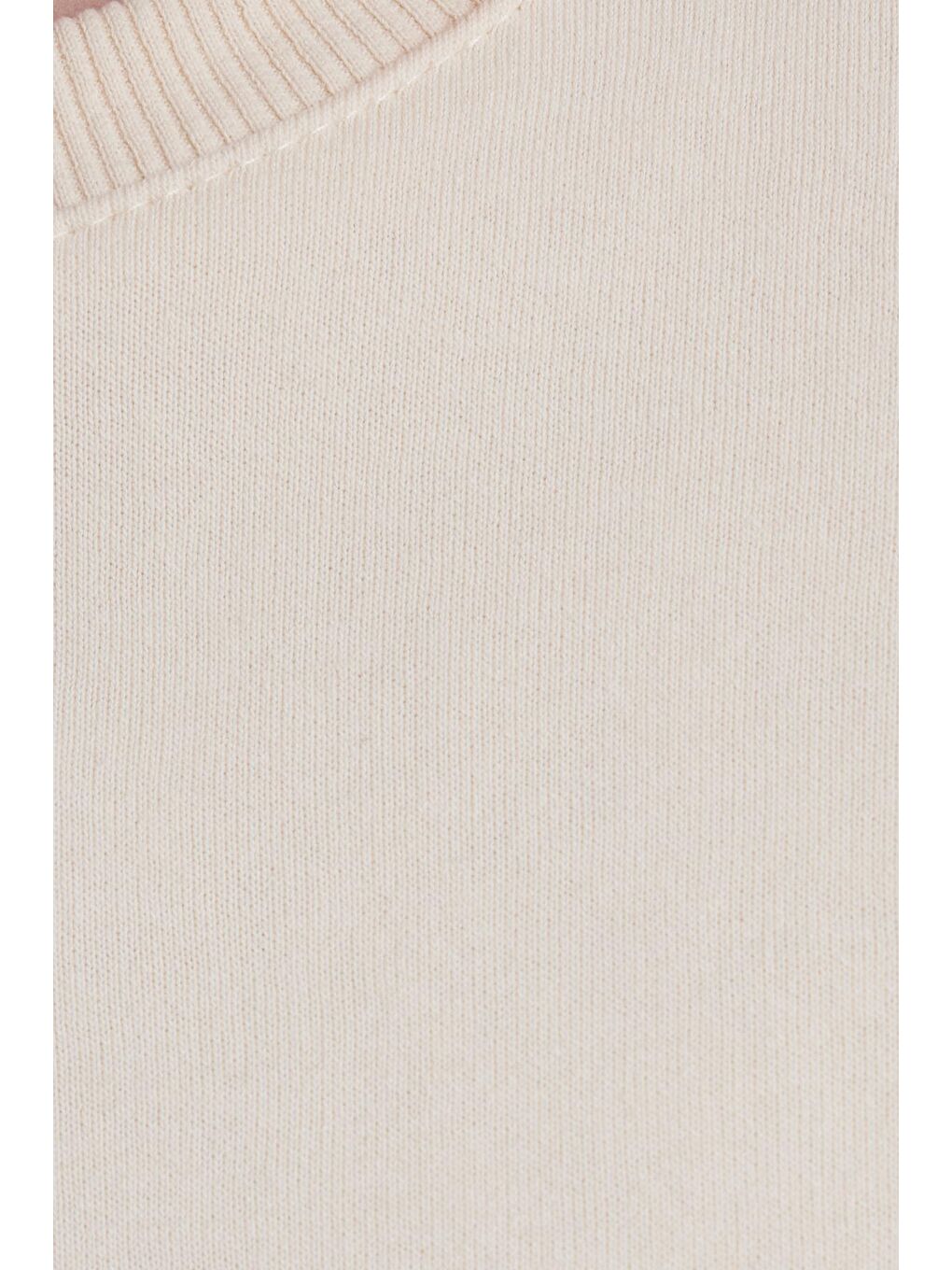 Bej Kadın Oversize Geniş Kesim Pamuklu Bisiklet Yaka Taş Sweatshirt-5