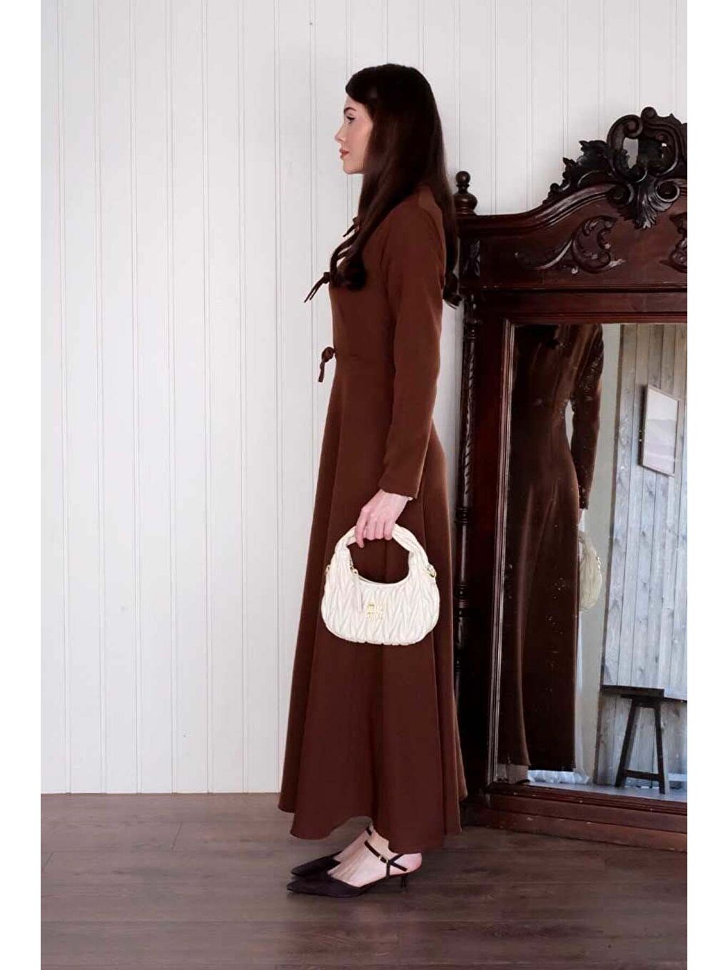 Kahverengi Acı Kahve Fiyonk Detay Elbise-6