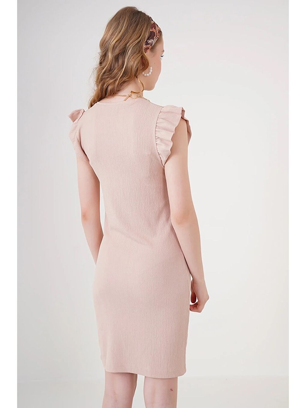 Kadın Bej Fırfır Kollu Bisiklet Yaka Örme Elbise HZL22S-BD123881-1