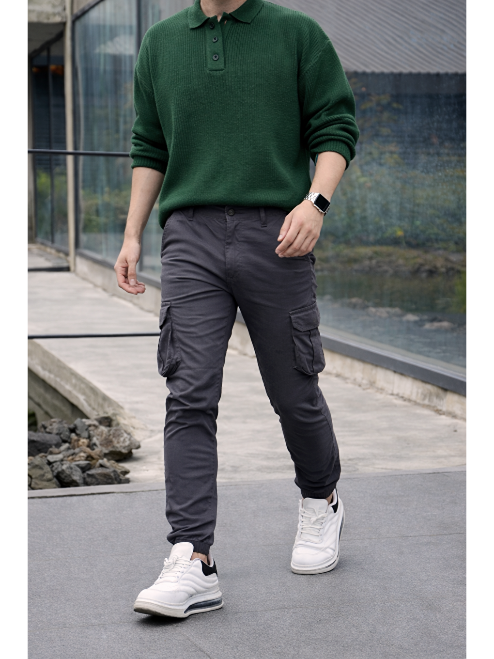 Erkek Trend Dar Kargo Cep Lastikli Paça Antrasit Pantolon-2