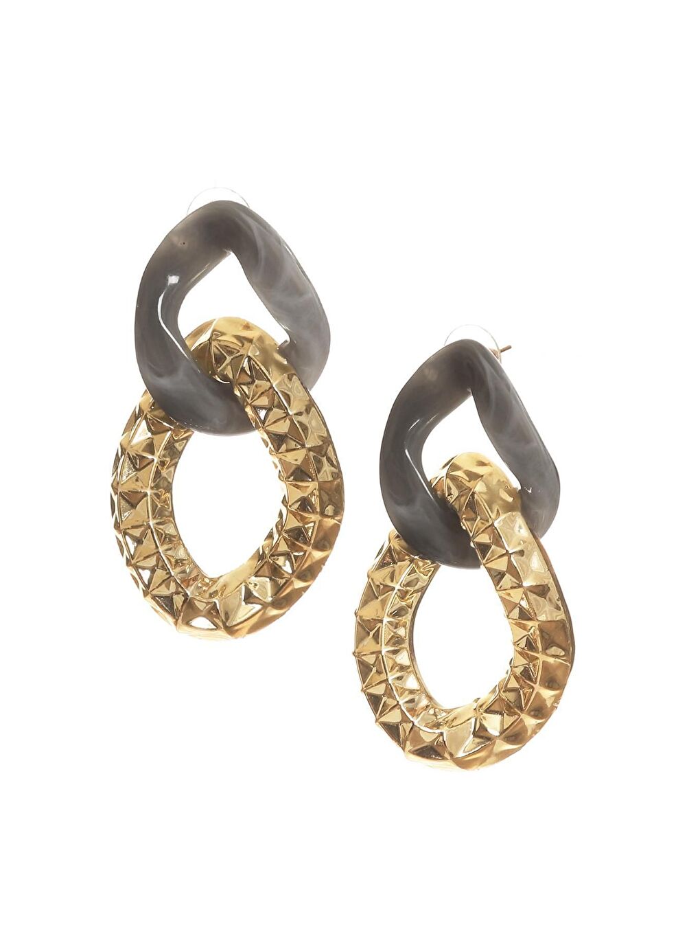 Kadın Kalın Zincir Formlu Dumanlı Gri &Altın Renk Çivili Model Reçine Küpe