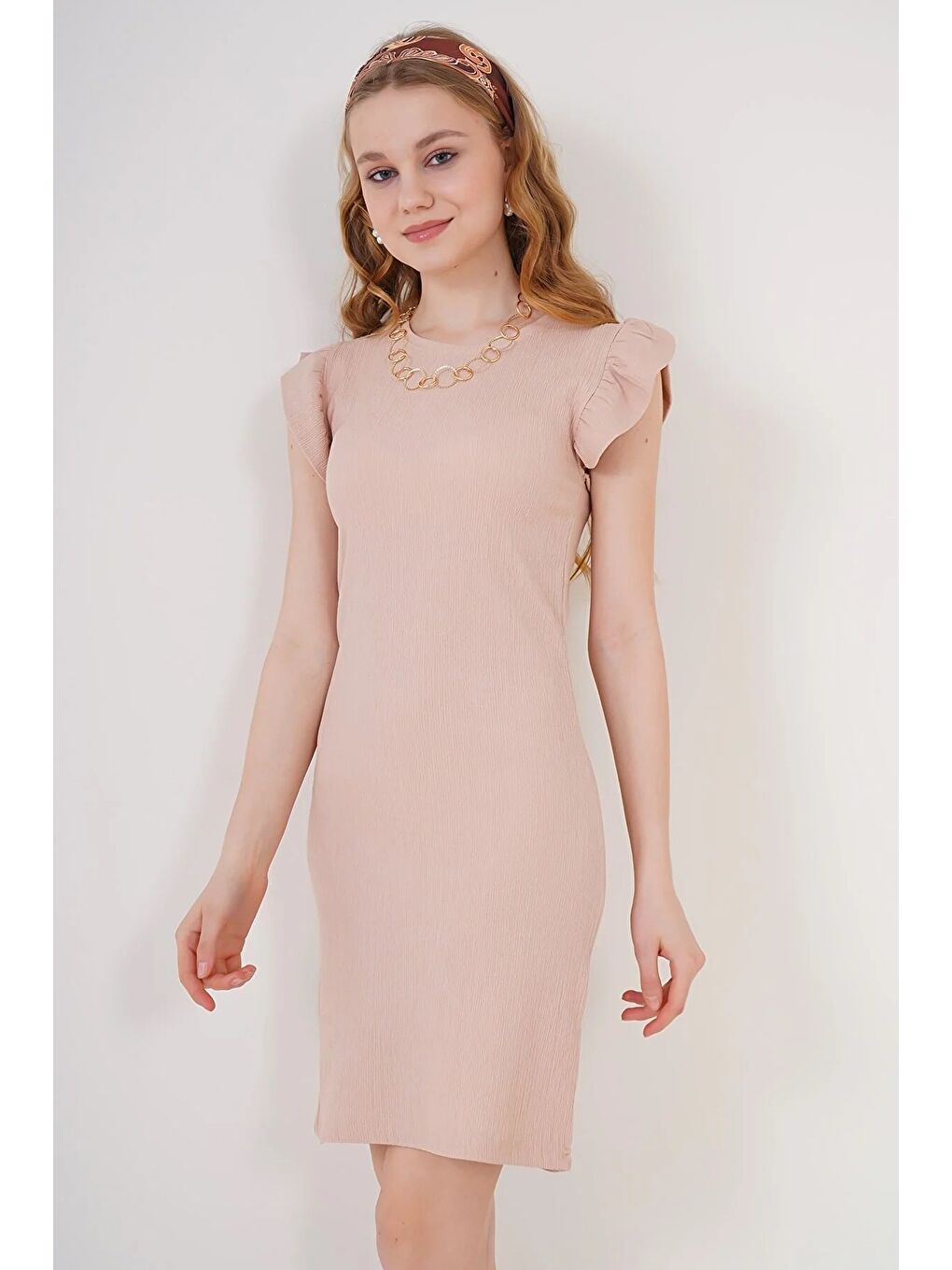 Kadın Bej Fırfır Kollu Bisiklet Yaka Örme Elbise HZL22S-BD123881-3