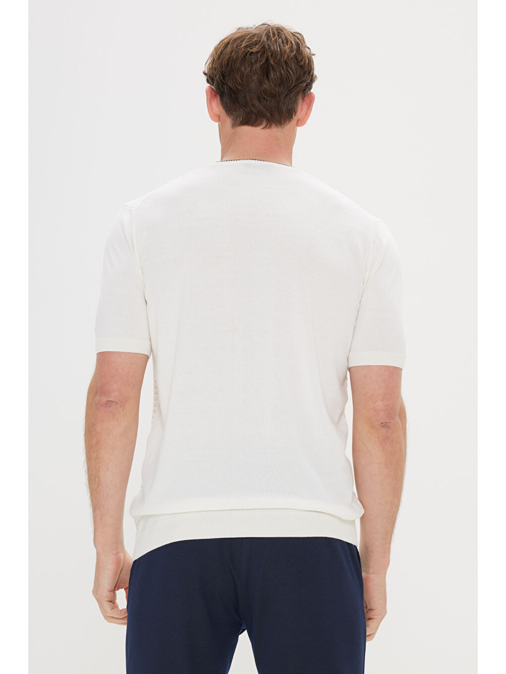 Erkek Ekru-Lacivert %100 Pamuk Normal Kesim Bisiklet Yaka Jakarlı Triko Tişört-5