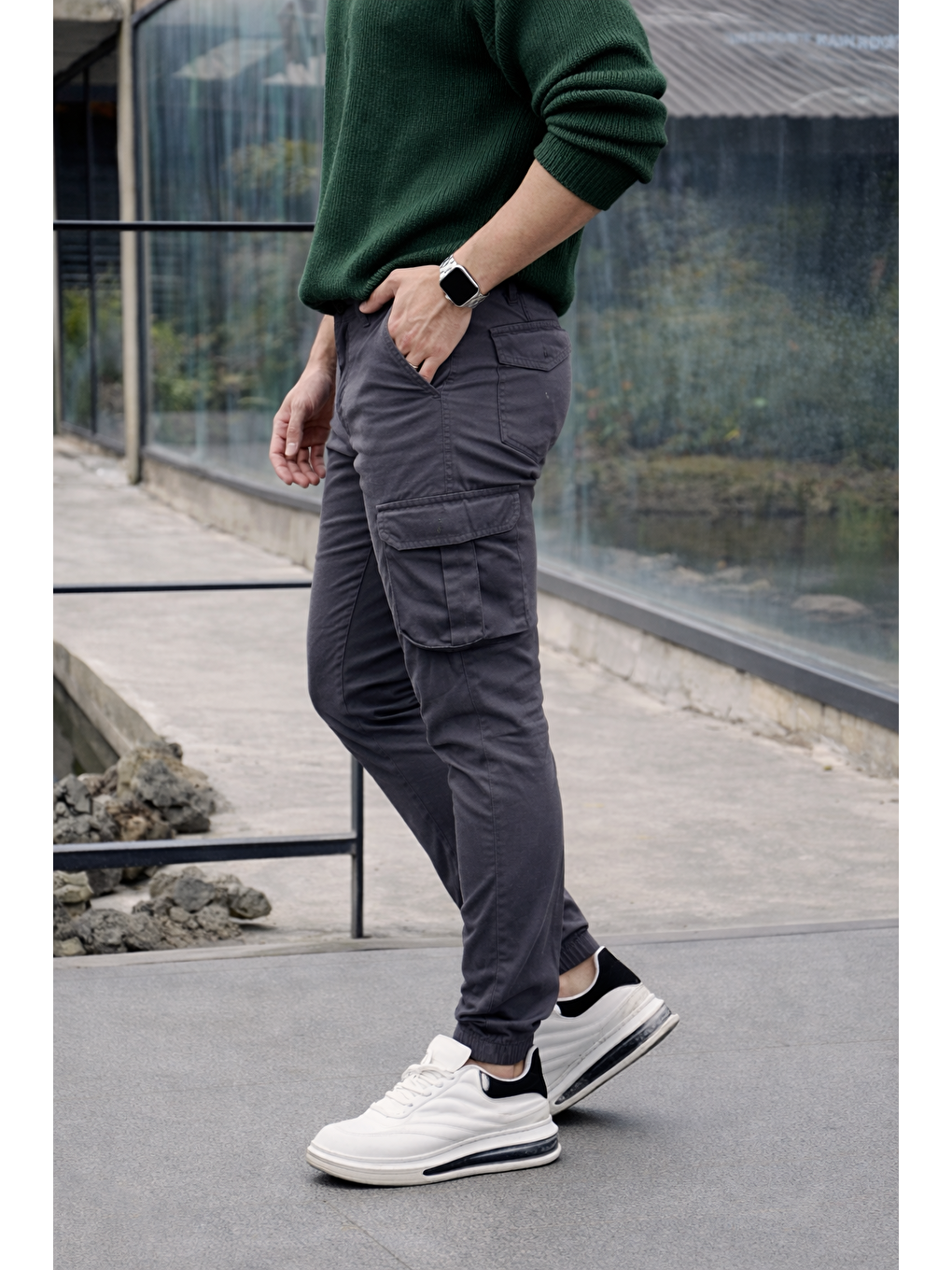 Erkek Trend Dar Kargo Cep Lastikli Paça Antrasit Pantolon-4