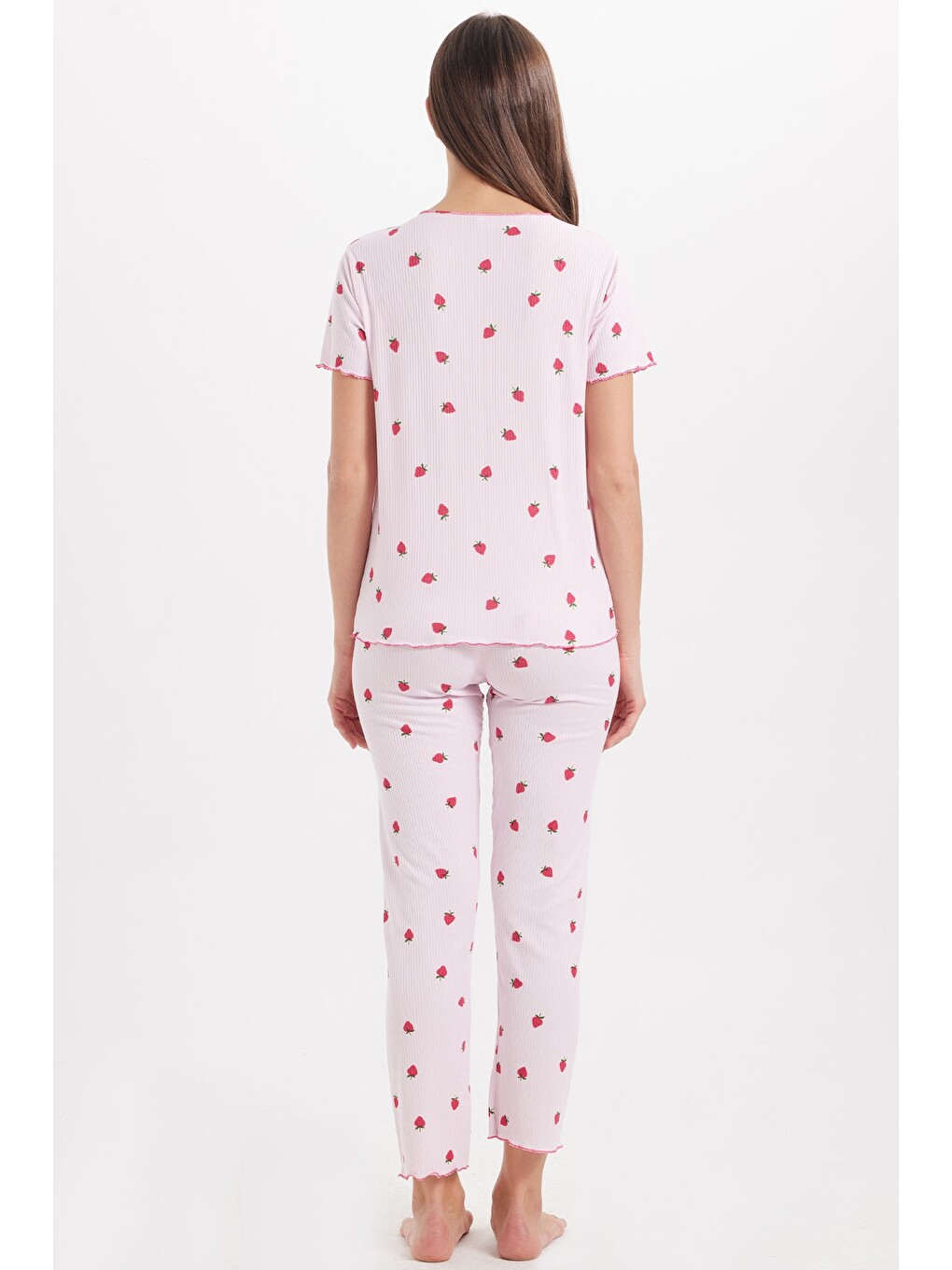 Kadın Standart Fit Normal Kesim Fitilli Görünüm Fiyonk Detaylı Kısa Kol Baskılı Pembe Pijama Takımı-6