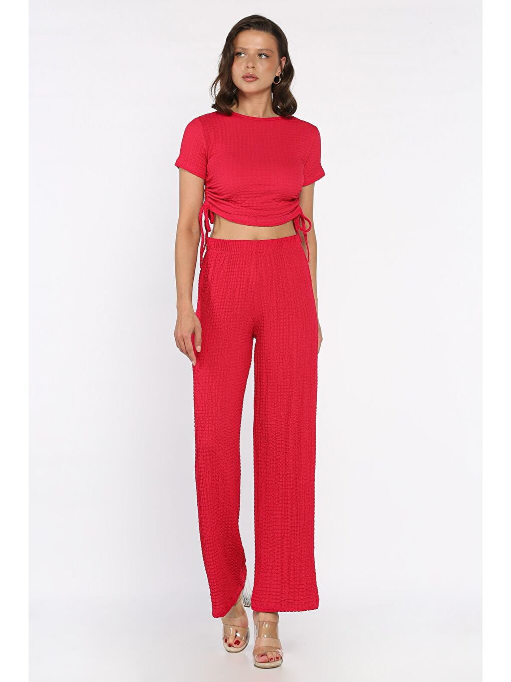 Fuşya Kadın Kendinden Desenli Yan Büzgülü Bluz Pantolon İkili Takım-1