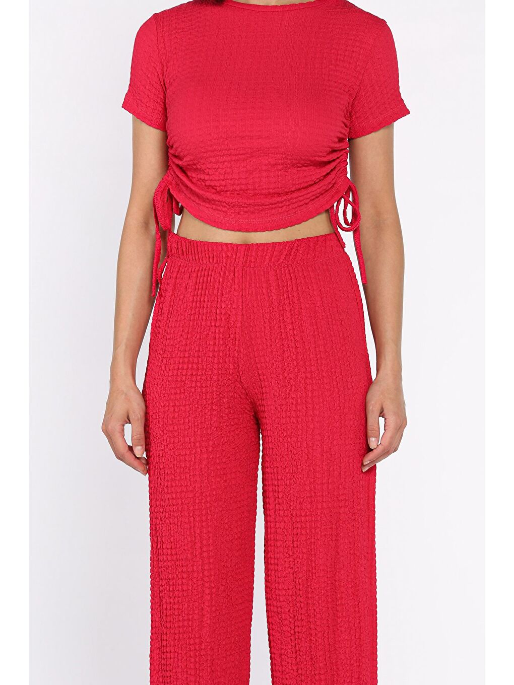 Fuşya Kadın Kendinden Desenli Yan Büzgülü Bluz Pantolon İkili Takım-3